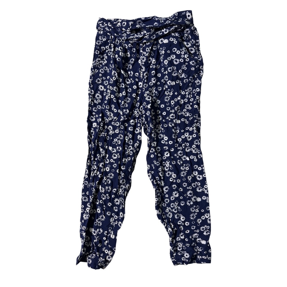 Floral Print Pants Blue White Drawstring Waist Casual Comfy Lightweight